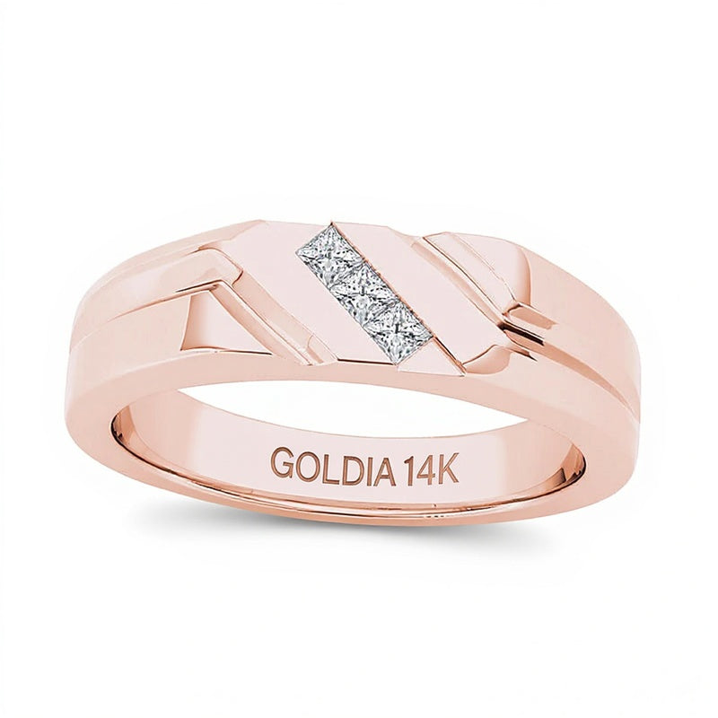 0.13 CT. TW Square-Cut Diamond Three Stone Slant Wedding Band in 14K Rose Gold
