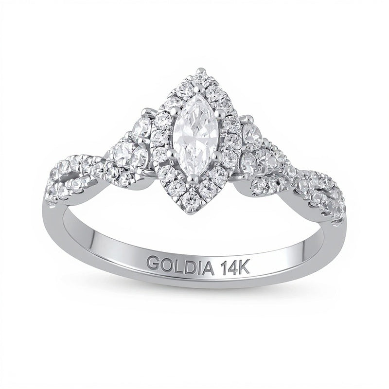 0.75 CT. TW Marquise Diamond Frame Tri-Sides Twist Shank Engagement Ring in 14K White Gold