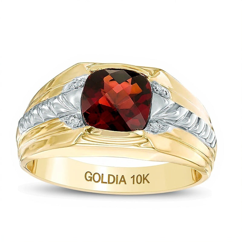 8.0mm Cushion-Shaped Garnet and Diamond Accent Comfort Fit Ring in 10K Gold