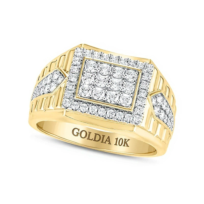 1.0 CT. TW Composite Diamond Frame Rectangle-Top Pointed Double Row Ribbed Shank Ring in 10K Gold