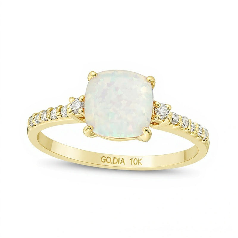 7.0mm Cushion-Shaped Lab-Created Opal and 0.13 CT. TW Diamond Engagement Ring in 10K Gold