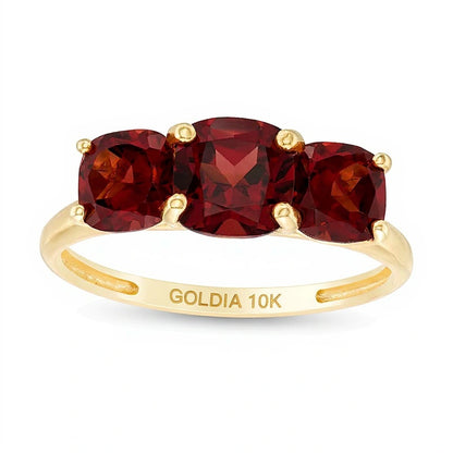 Cushion-Cut Garnet Tiered Three Stone Ring in 10K Gold