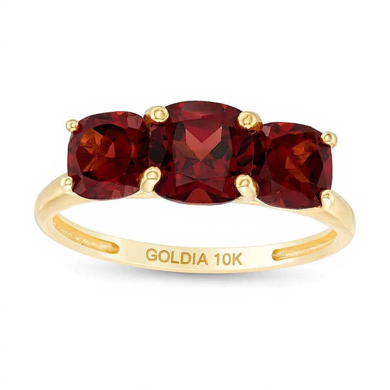 Cushion-Cut Garnet Tiered Three Stone Ring in 10K Gold