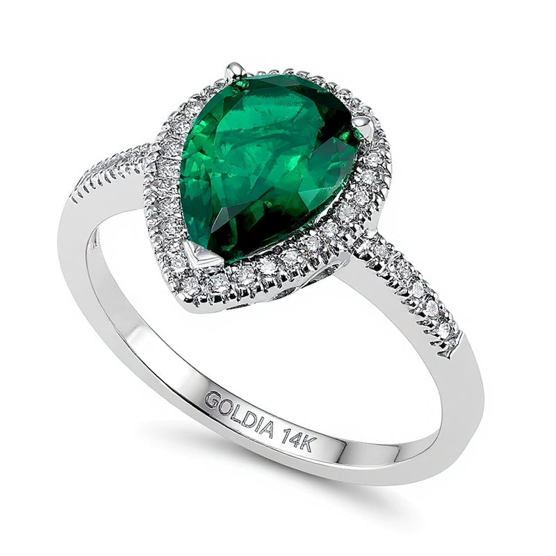 Pear-Shaped Lab-Created Emerald and 0.2 CT. TW Diamond Frame Ring in 14K White Gold