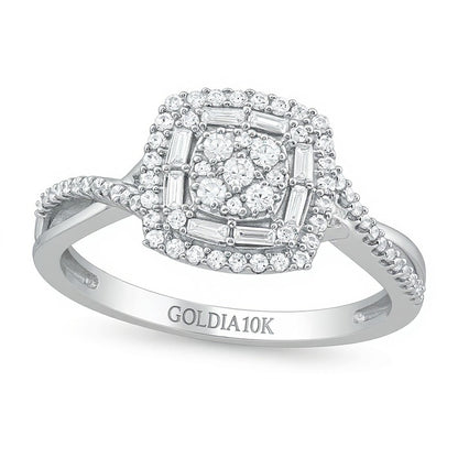 0.33 CT. TW Multi-Diamond Cushion Frame Crossover Shank Ring in 10K White Gold
