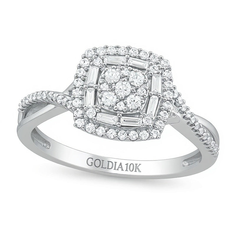0.33 CT. TW Multi-Diamond Cushion Frame Crossover Shank Ring in 10K White Gold