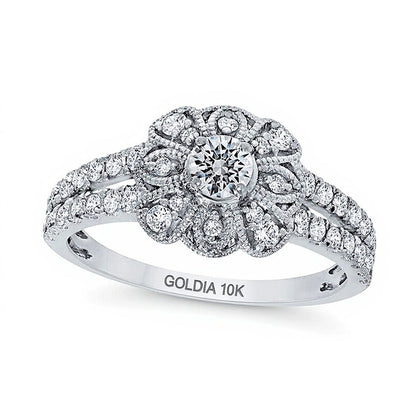 0.75 CT. TW Diamond Flower Frame Double Row Split Shank Ring in 10K White Gold