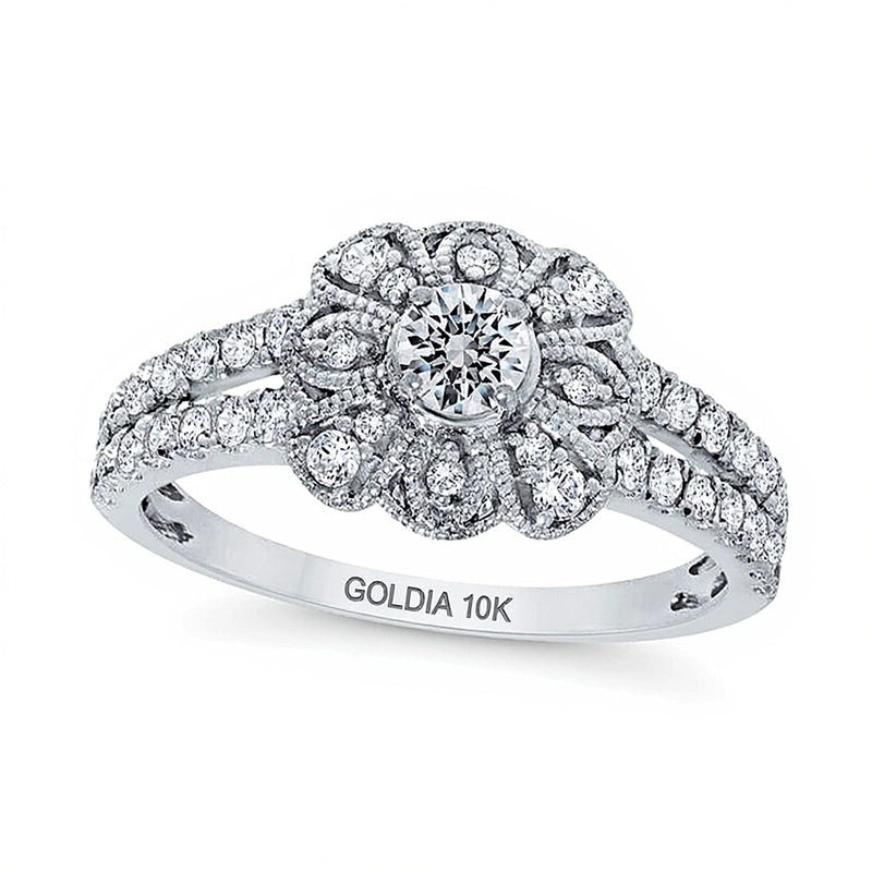 0.75 CT. TW Diamond Flower Frame Double Row Split Shank Ring in 10K White Gold