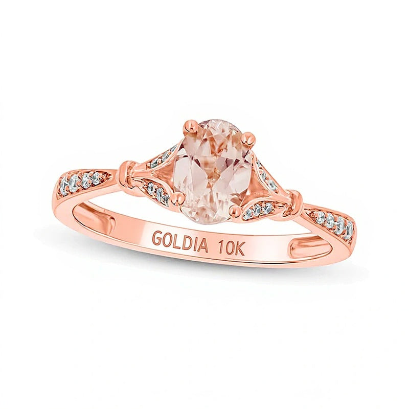 Oval Morganite and 0.07 CT. TW Diamond Collar Wrapped Leaf-Sides Split Shank Engagement Ring in 10K Rose Gold