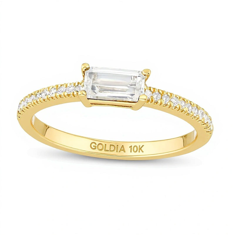Sideways Baguette White Lab-Created Sapphire and 0.1 CT. TW Diamond PavÃ© Ring in 10K Gold