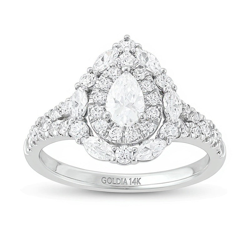 1.5 CT. TW Pear-Shaped Diamond Double Frame Split Shank Engagement Ring in 14K White Gold