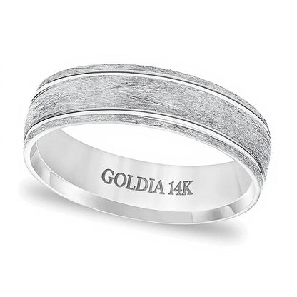 6.0mm Comfort-Fit Brushed Wire-Textured Grooved Wedding Band in 14K White Gold