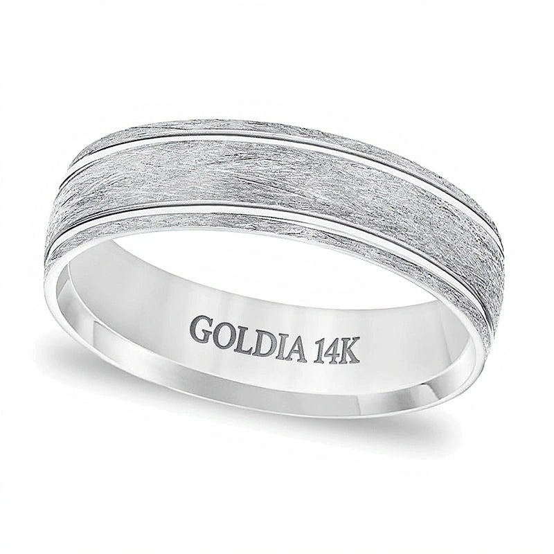 6.0mm Comfort-Fit Brushed Wire-Textured Grooved Wedding Band in 14K White Gold