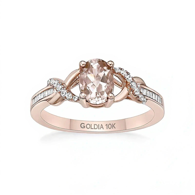 Oval Morganite and 0.17 CT. TW Diamond Crossover Split Shank Ring in 10K Rose Gold