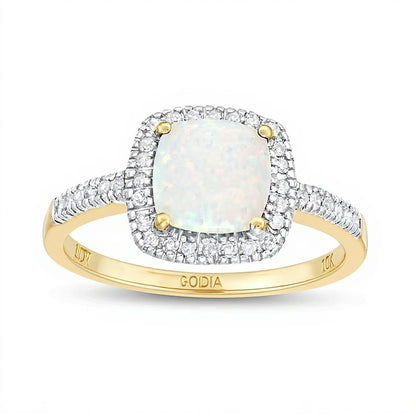 7.0mm Cushion-Shaped Cabochon Lab-Created Opal and 0.2 CT. TW Diamond Frame Ring in 10K Gold