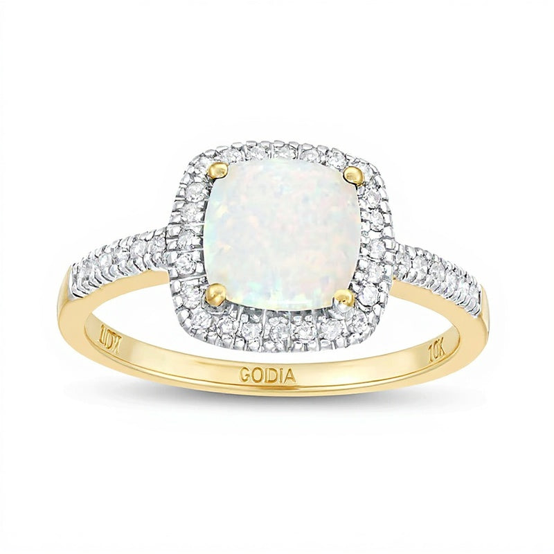 7.0mm Cushion-Shaped Cabochon Lab-Created Opal and 0.2 CT. TW Diamond Frame Ring in 10K Gold