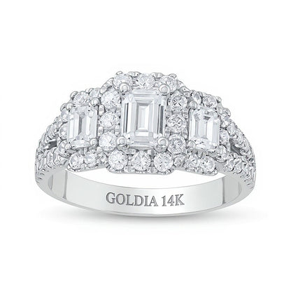 Previously Owned 2.0 CT. TW Emerald-Cut Diamond Past Present FutureÂ® Split Shank Engagement Ring in 14K White Gold
