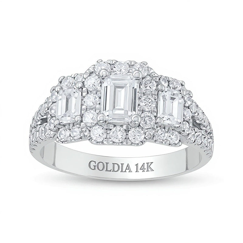 Previously Owned 2.0 CT. TW Emerald-Cut Diamond Past Present FutureÂ® Split Shank Engagement Ring in 14K White Gold