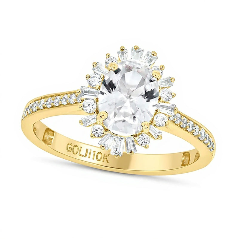 Oval White Lab-Created Sapphire and 0.33 CT. TW Diamond Starburst Frame Engagement Ring in 10K Gold
