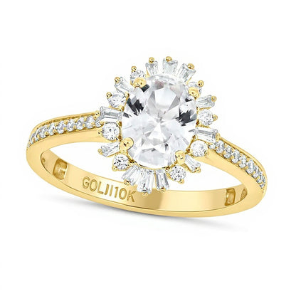 Oval White Lab-Created Sapphire and 0.33 CT. TW Diamond Starburst Frame Engagement Ring in 10K Gold