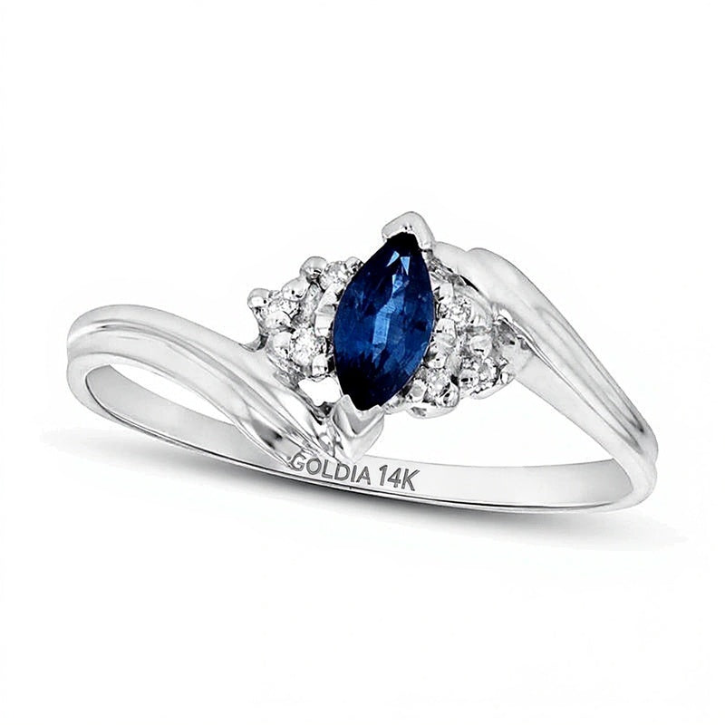 Marquise Blue Sapphire and 0.05 CT. TW Diamond Tri-Sides Bypass Ring in 14K White Gold