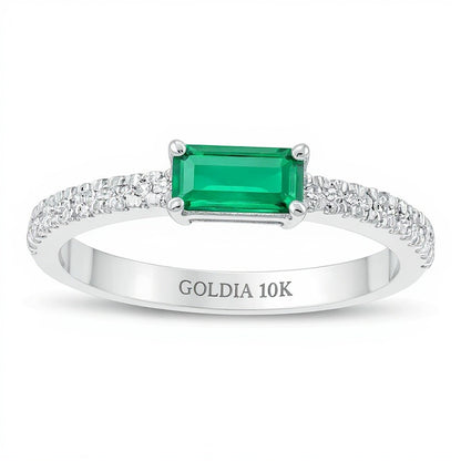 Sideways Baguette Lab-Created Emerald and 0.1 CT. TW Diamond Stackable Ring in 10K White Gold