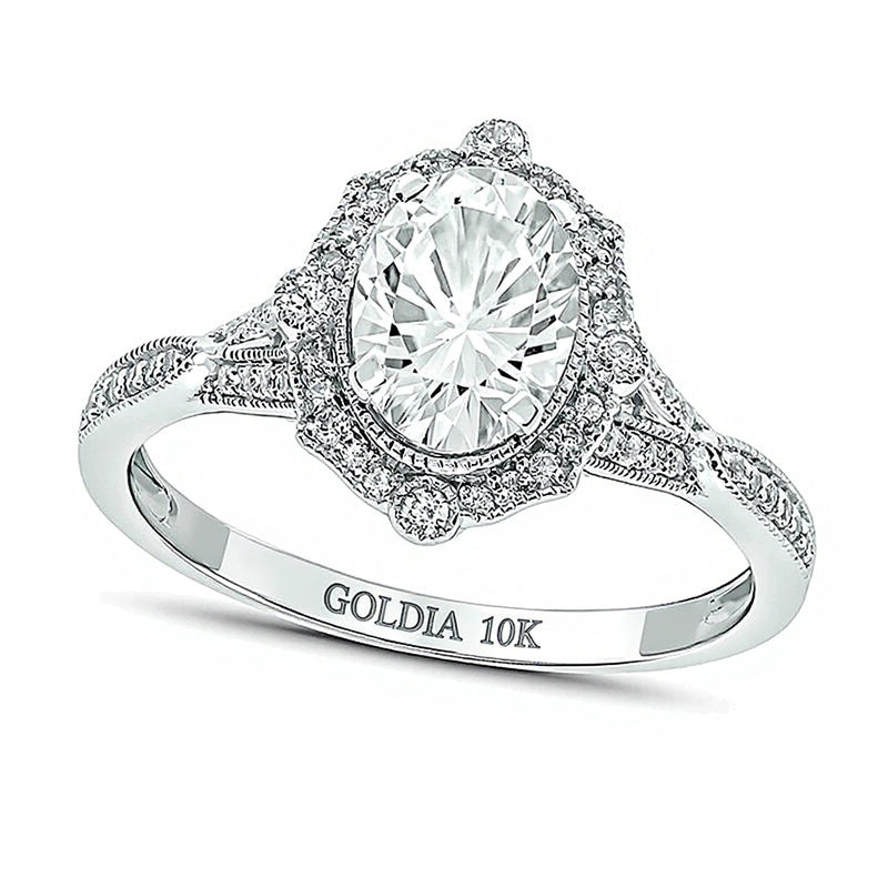 Oval Lab-Created White Sapphire and 0.2 CT. TW Diamond Ornate Frame Split Shank Vintage-Style Ring in 10K White Gold