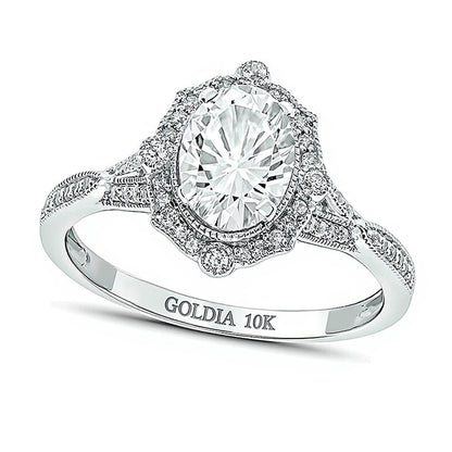 Oval Lab-Created White Sapphire and 0.2 CT. TW Diamond Ornate Frame Split Shank Vintage-Style Ring in 10K White Gold