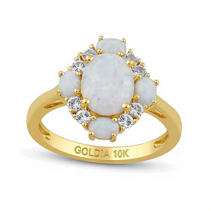 Oval Lab-Created Opal and White Lab-Created Sapphire Frame Ring in 10K Gold