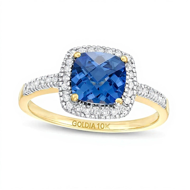 7.0mm Checkerboard Cushion-Shaped Blue Lab-Created Sapphire and 0.2 CT. TW Diamond Frame Ring in 10K Gold