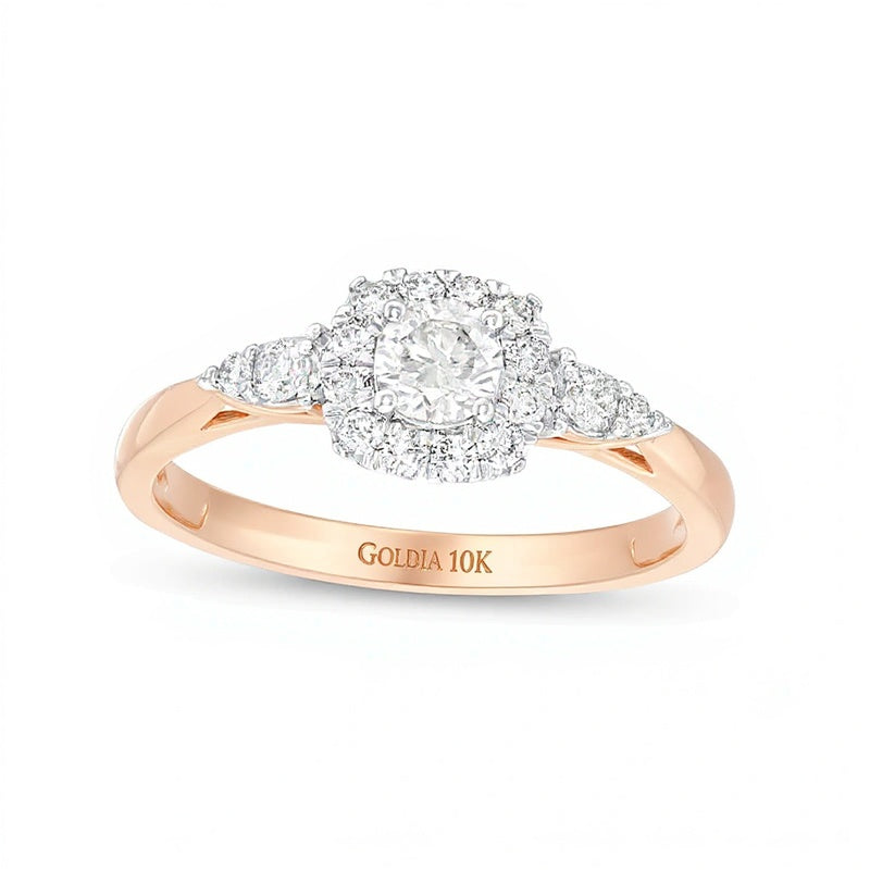 0.5 CT. TW Diamond Cushion-Shaped Frame Leaf-Sides Engagement Ring in 10K Rose Gold (J/I3)