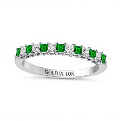 Princess-Cut Emerald and 0.2 CT. TW Princess-Cut Diamond Alternating Anniversary Band in 10K White Gold