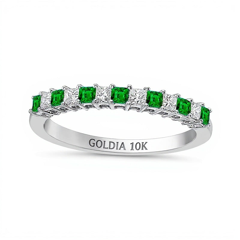 Princess-Cut Emerald and 0.2 CT. TW Princess-Cut Diamond Alternating Anniversary Band in 10K White Gold