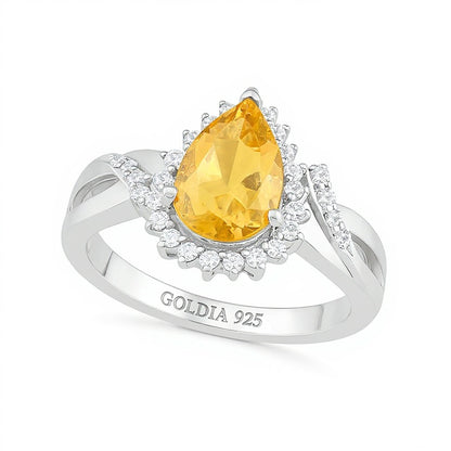 Pear-Shaped Citrine and White Lab-Created Sapphire Starburst Frame Twist Split Shank Ring in Sterling Silver