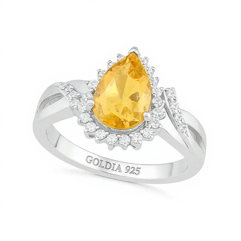 Pear-Shaped Citrine and White Lab-Created Sapphire Starburst Frame Twist Split Shank Ring in Sterling Silver