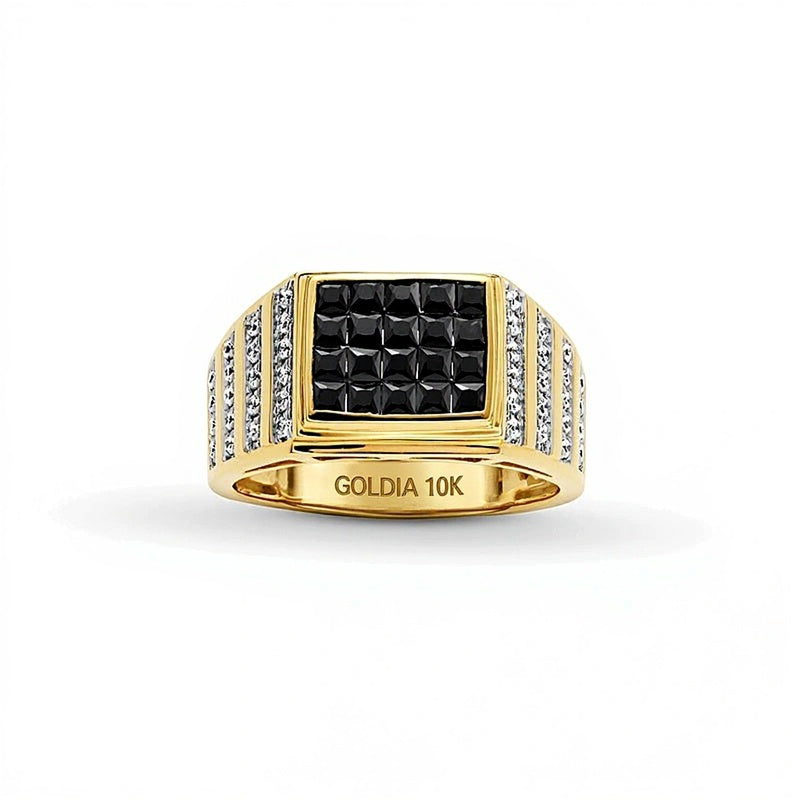 1.5 CT. TW Princess-Cut Black Multi-Diamond Multi-Row Rectangle-Top Ring in 10K Gold