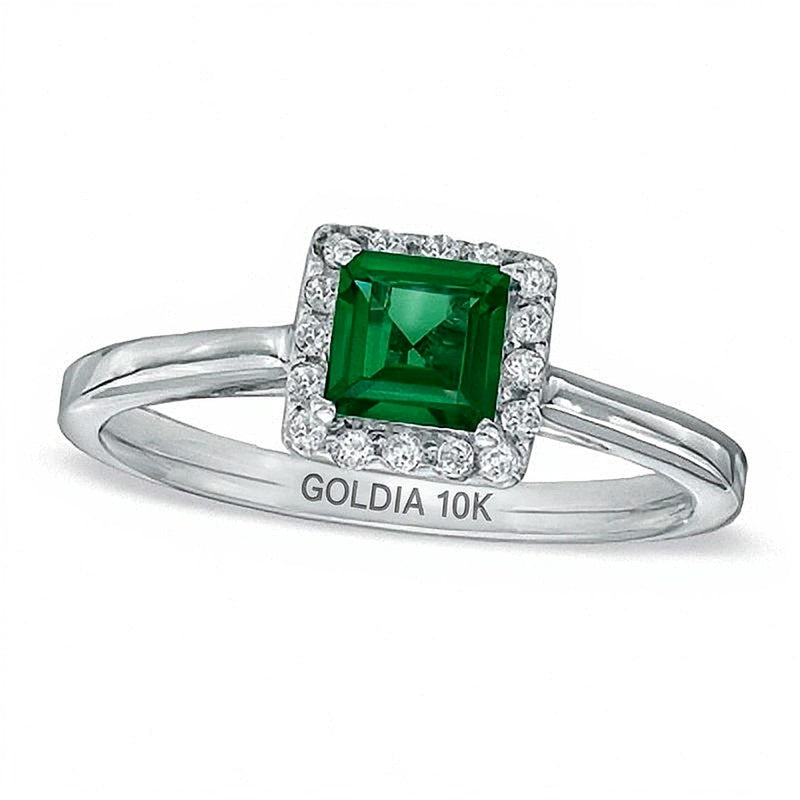 Princess-Cut Lab-Created Emerald and 0.14 CT. TW Diamond Engagement Ring in 10K White Gold