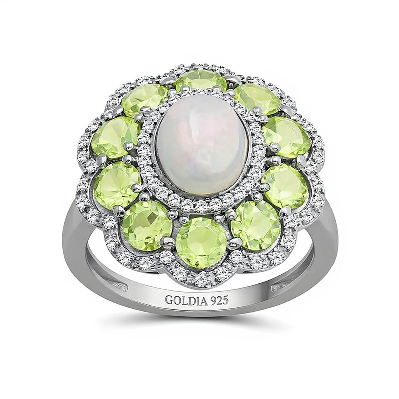 Oval Opal and Peridot with White Lab-Created Sapphire Edge Scallop Petal Frame Floral Ring in Sterling Silver