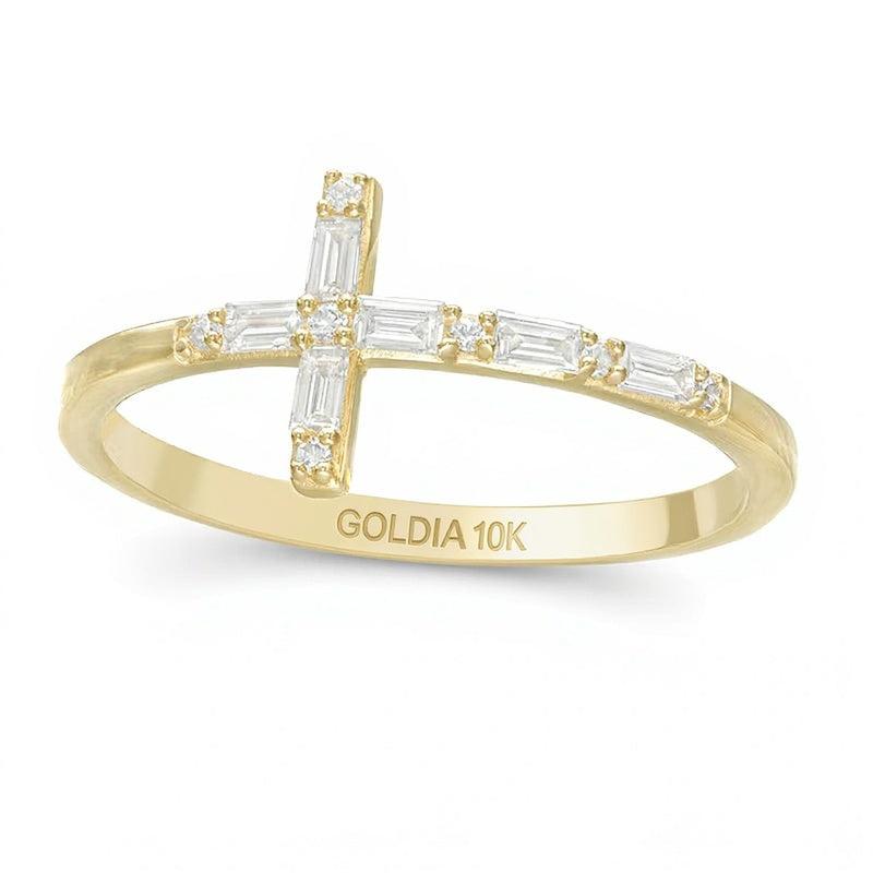 0.17 CT. TW Baguette and Round Diamond Sideways Cross Ring in 10K Gold