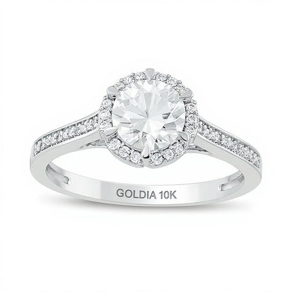 6.0mm Lab-Created White Sapphire and 0.1 CT. TW Diamond Frame Engagement Ring in 10K White Gold