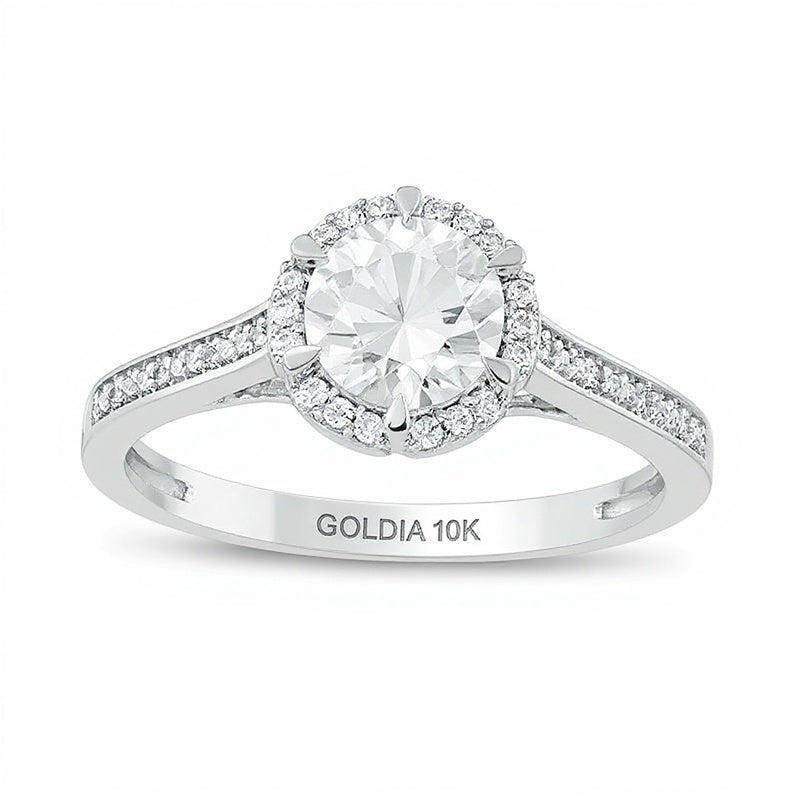 6.0mm Lab-Created White Sapphire and 0.1 CT. TW Diamond Frame Engagement Ring in 10K White Gold