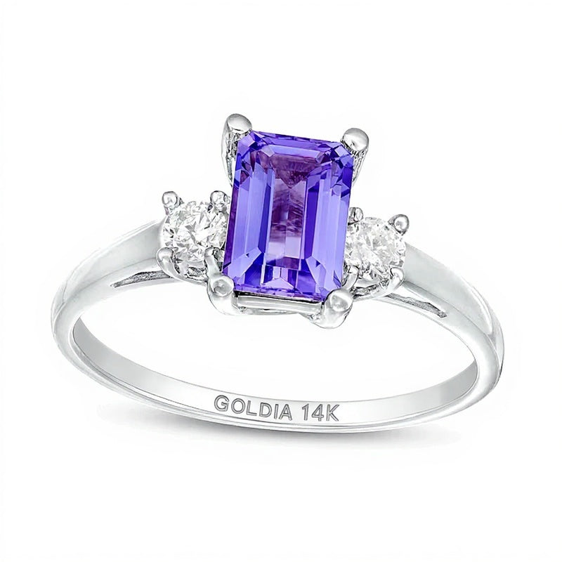 Emerald-Cut Tanzanite and 0.2 CT. TW Diamond Three Stone Ring in 14K White Gold