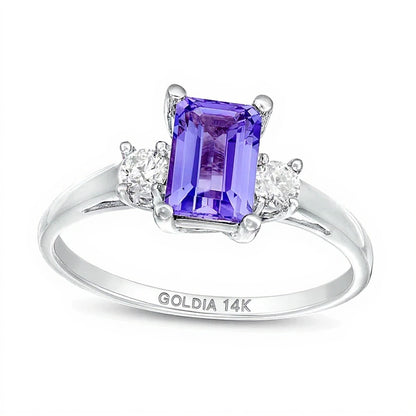 Emerald-Cut Tanzanite and 0.2 CT. TW Diamond Three Stone Ring in 14K White Gold