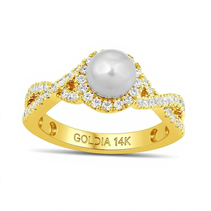 6.0mm Freshwater Cultured Pearl and 0.5 CT. TW Lab-Grown Diamond Frame Crossover Shank Ring in 14K Gold