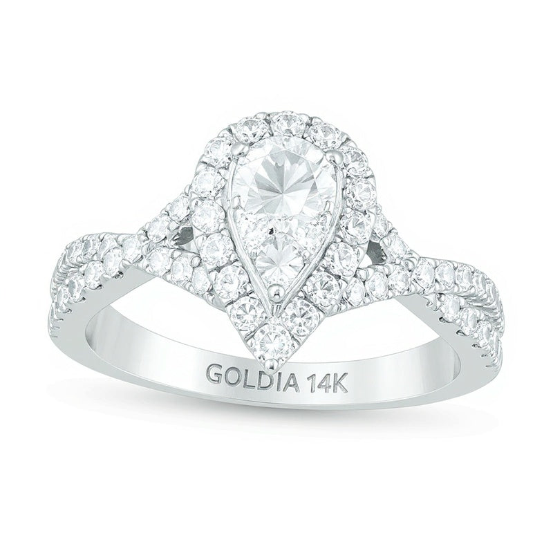 1.25 CT. TW Composite Diamond Pear-Shaped Frame Twist Shank Engagement Ring in 14K White Gold