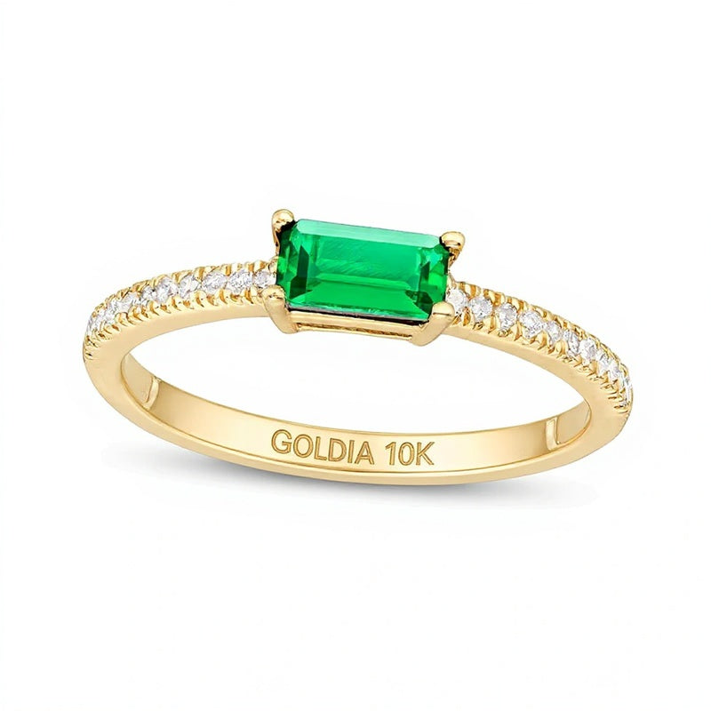 Sideways Baguette Lab-Created Emerald and 0.1 CT. TW Diamond PavÃ© Ring in 10K Gold