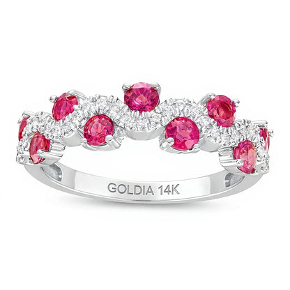 3.0mm Ruby and 0.17 CT. TW Diamond Staggered Wave Band in 14K White Gold