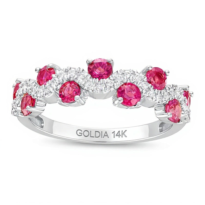3.0mm Ruby and 0.17 CT. TW Diamond Staggered Wave Band in 14K White Gold