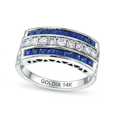 0.33 CT. TW Diamond and Princess-Cut Blue Sapphire Triple Row Ring in 14K White Gold