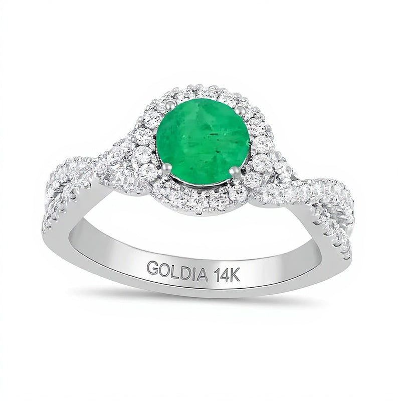 6.0mm Emerald and 0.5 CT. TW Lab-Grown Diamond Frame Crossover Shank Ring in 14K White Gold